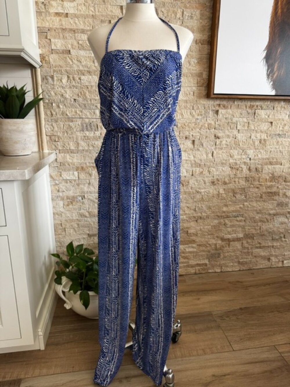 ROBIN PICCONE Print Blue/White Halter Jumpsuit Cover-Up SIZE Large NWOT